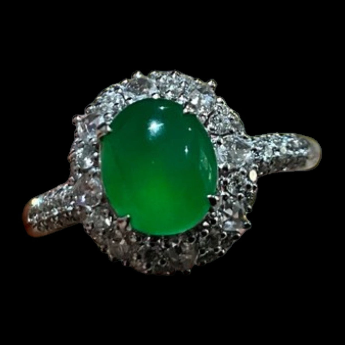 7.8mm & 6.5mm Natural Green Jade Ring set in 18K White Gold