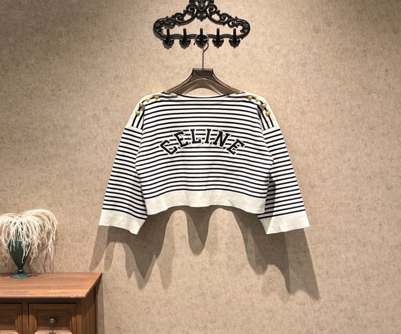 Celine Blue and White Striped Embroidered Logo Knit Sweater / Size M / 99% New / 43489 SYCF43489