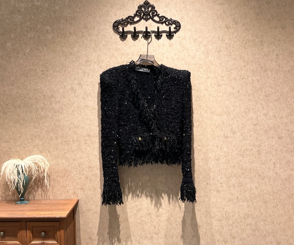 Balmain Black Woven Fringed Cardigan/Size 36/99% New/42312 SYCF42312