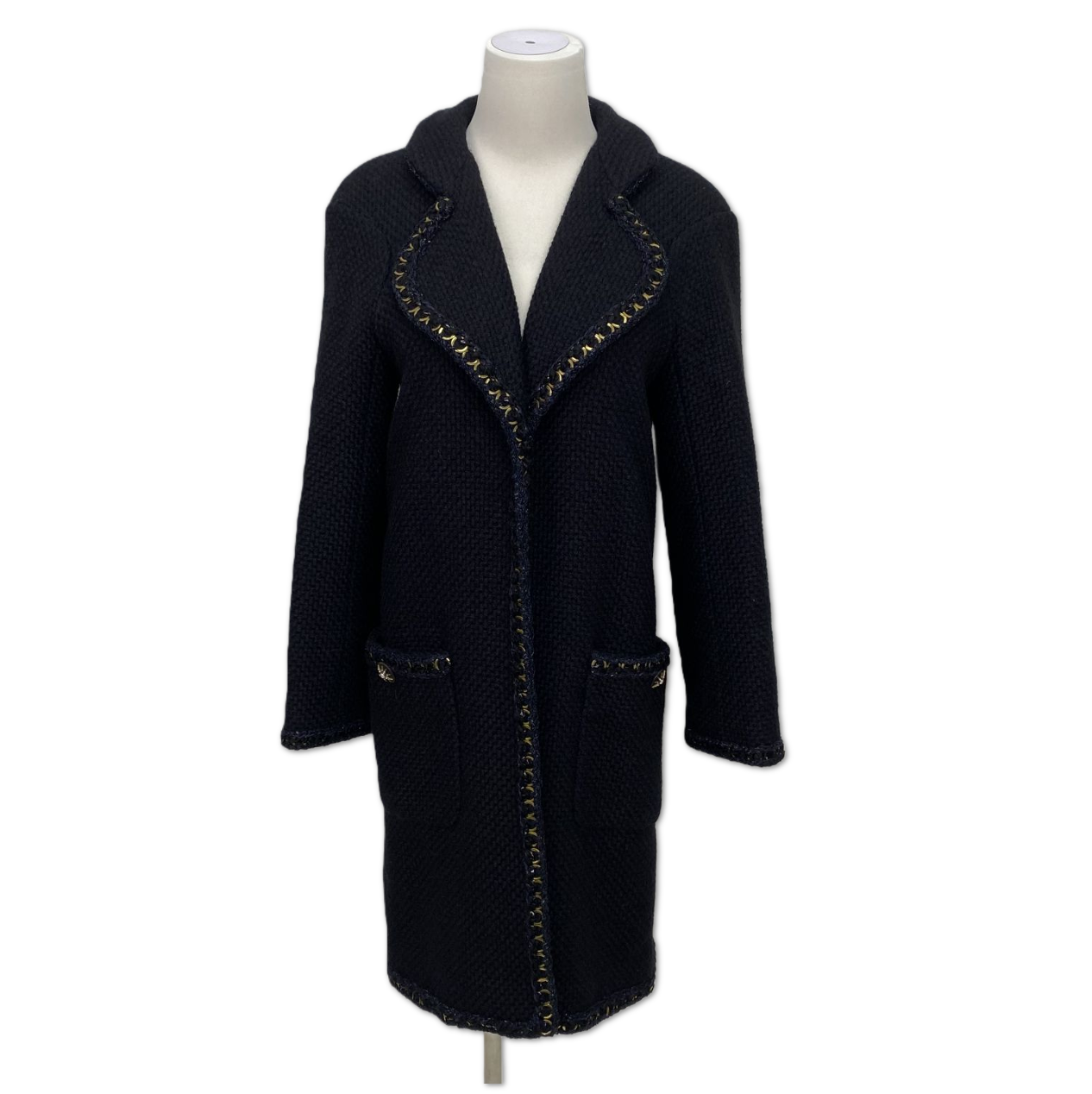 Chanel Navy Tweed Chain-Trim Long Coat size 36 C13996993988