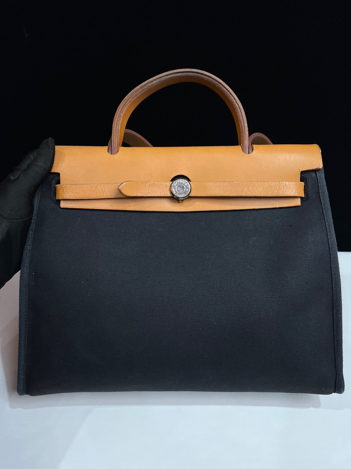 Hermès Herbag 31 Black Canvas Tan Leather Palladium Hardware G Stamp