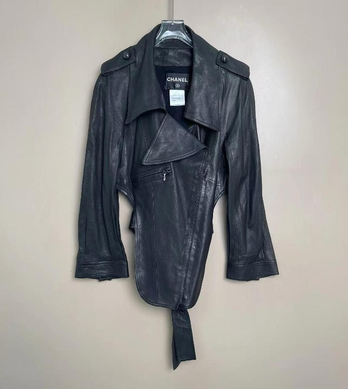 Chanel Black Short Leather Jacket, Size 38 SYCC2114