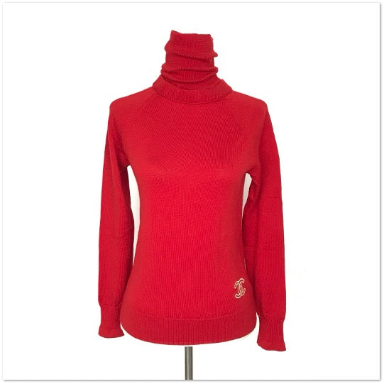 Chanel Red CC Embroidered Turtleneck Long-Sleeve Knit Sweater size S C134200324085
