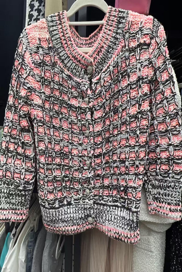 Chanel Pink Mixed Tweed Knit Cardigan with Diamond Buttons, Size 38 SYCC2115
