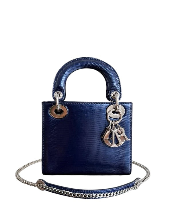 DIOR LADY MINI - EXOTIC LIZARD DARK BLUE SILVER HARDWARE SYCMDA108