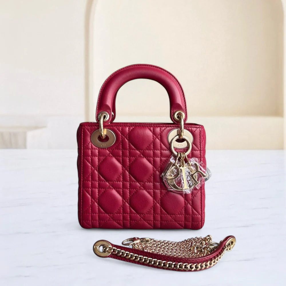 DIOR LADY MINI - CANNAGE LAMBSKIN DARK RED GOLD HARDWARE CHAIN STRAP SYCM483