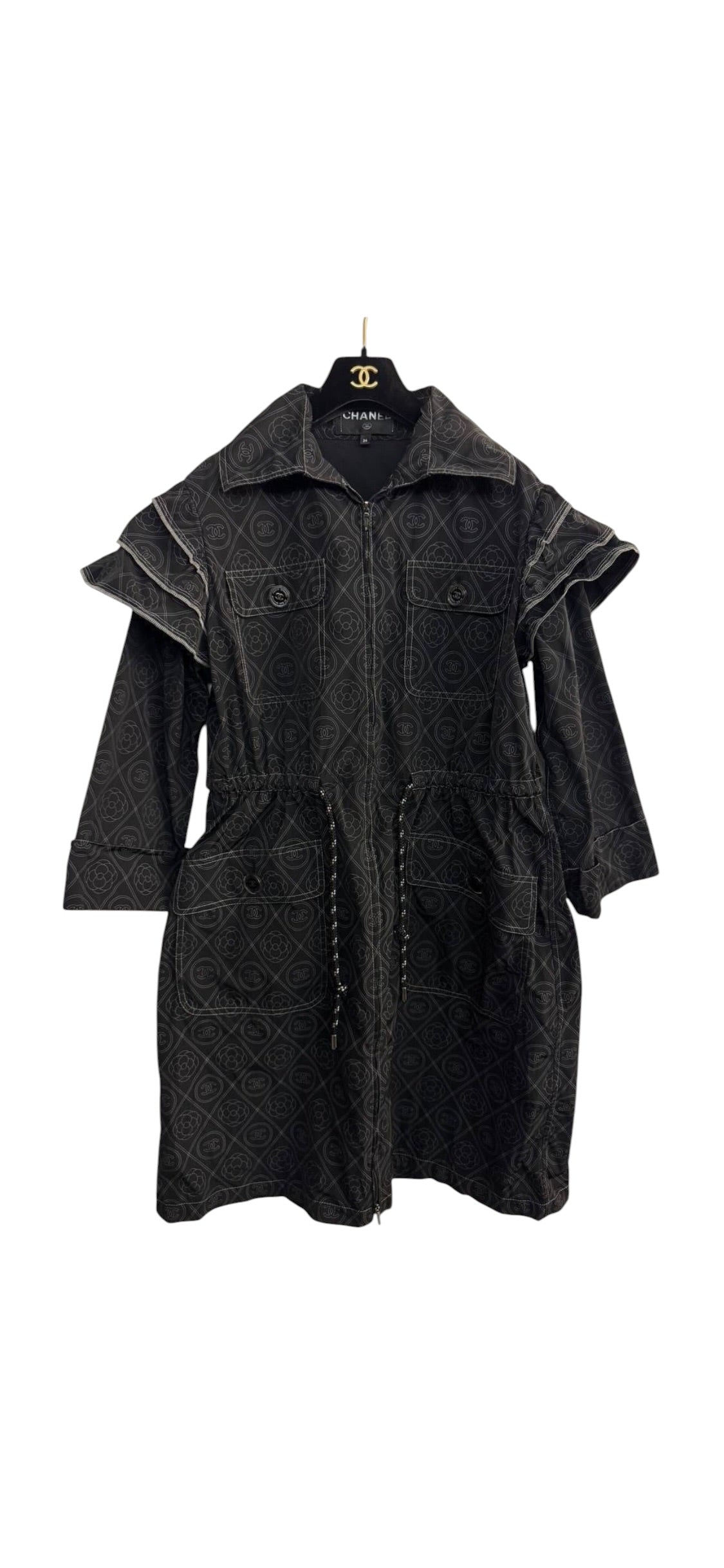 Chanel Black Polyester Frills Coat Sz34 DLT6296