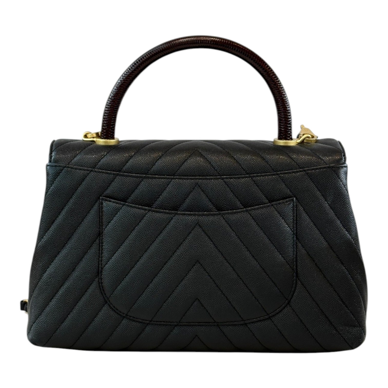 Chanel Medium Black Coco Handle with Lizard Handle and Chevron Stitching