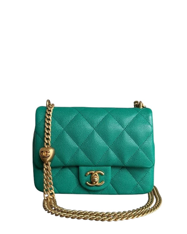 CHANEL FLAP MINI 21CM SWEETHEART 23P - CAVIAR QUILTED EMERALD GREEN GOLD HARDWARE MICROCHIP SYCMCA114