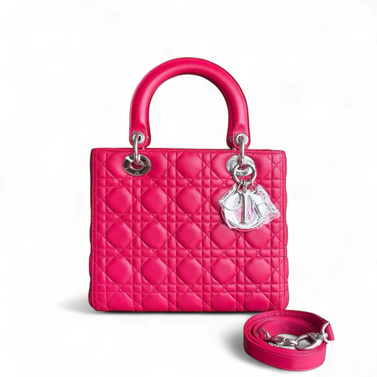 DIOR LADY MEDIUM - CANNAGE LAMBSKIN RED SILVER HARDWARE SYCM494