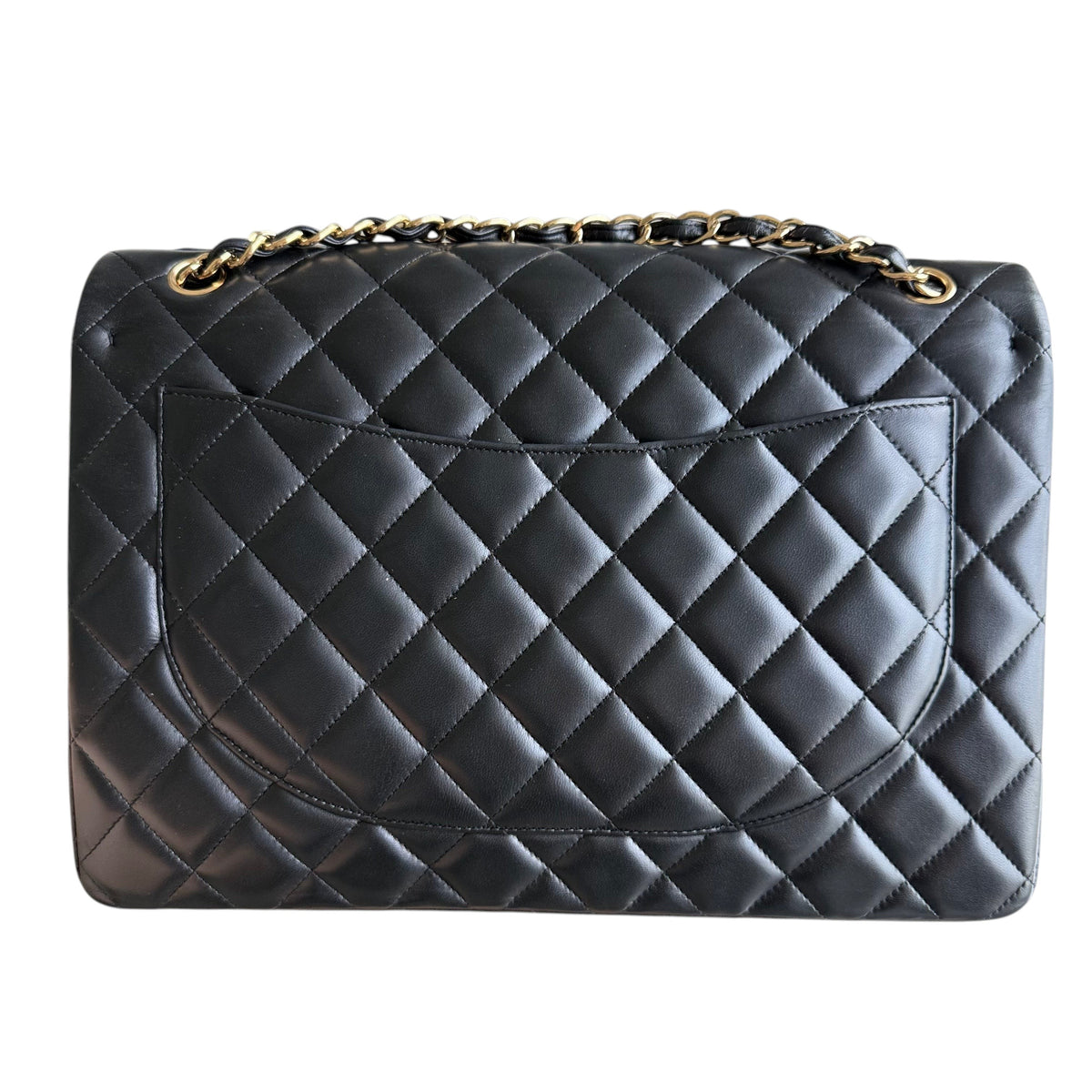 Luxury Evermore Chanel Classic Flap Maxi 34CM 黑色绗缝羊皮双盖包，配有金色链条肩带