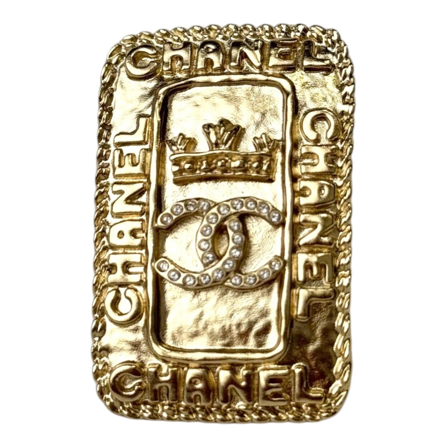 Chanel 21A Gold CC Rectangle Brooch with Crystals