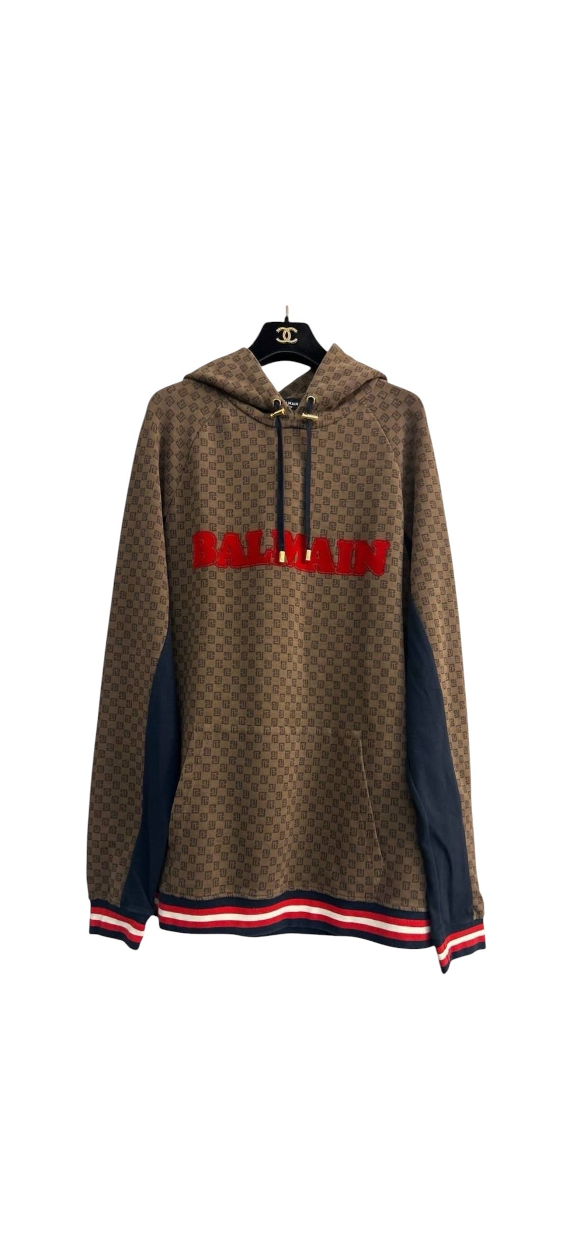 Balmain Monogram Logo Oversized Hoodie Brown/Red Sz M DLT8243