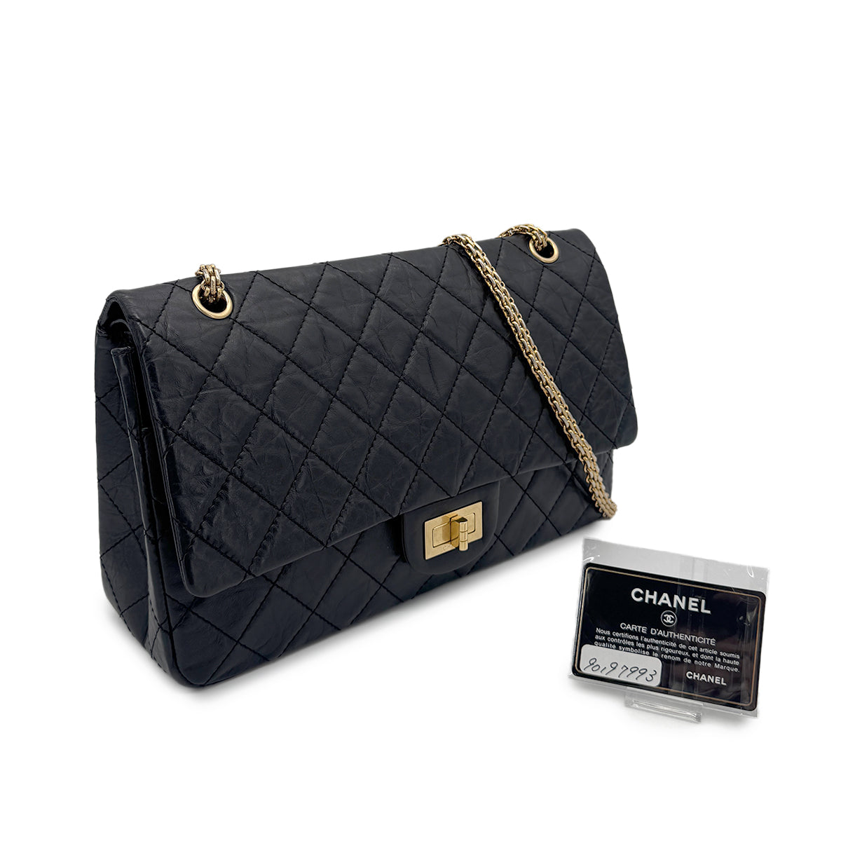 CHANEL 2.55 CHAIN SHOULDER BAG BLACK CALF LEATHER 90197993