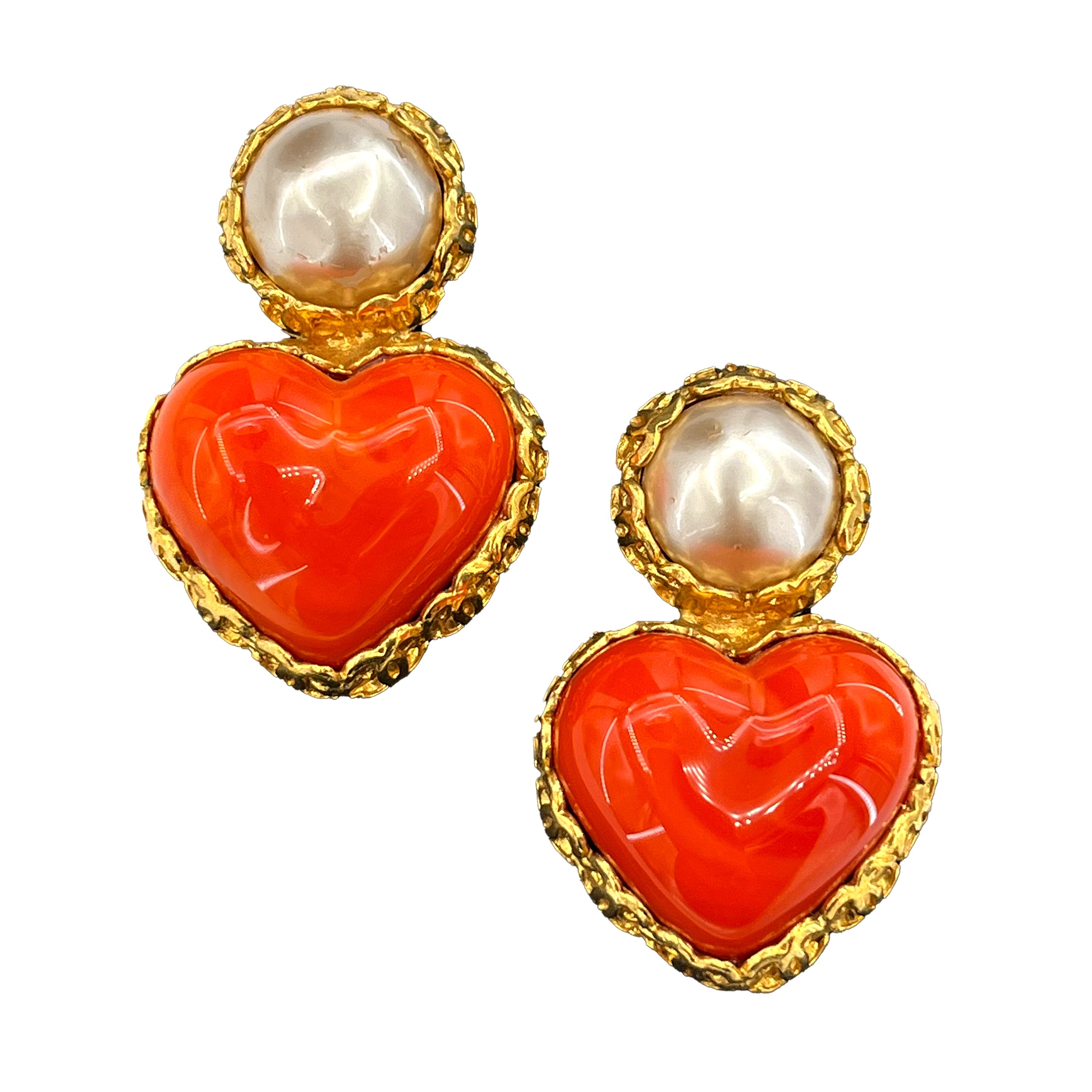 CHANEL VINTAGE EARRINGS HEART COLOR STONE ORANGE FAUX PEARL ACCESSORY 2/8 90208136