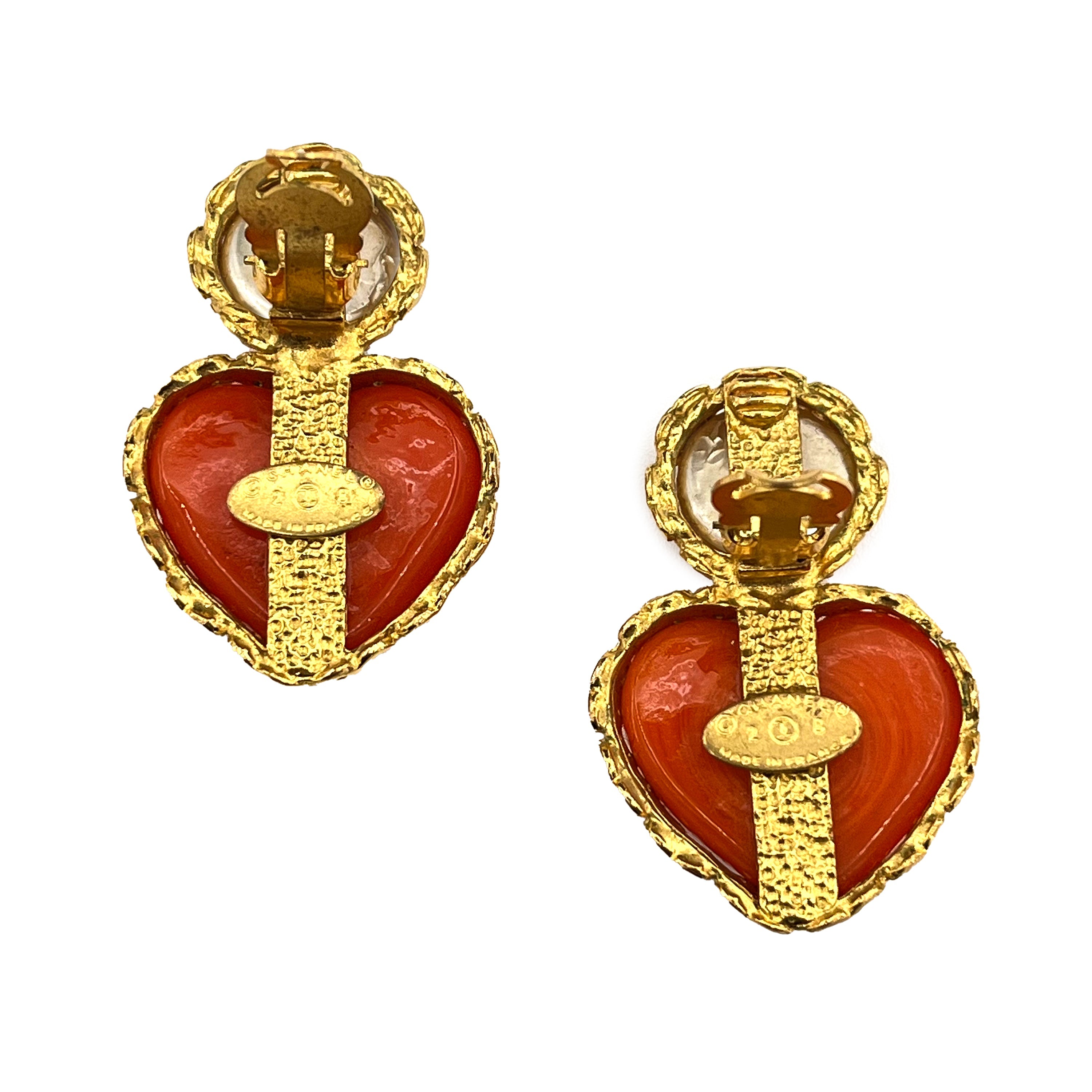 CHANEL VINTAGE EARRINGS HEART COLOR STONE ORANGE FAUX PEARL ACCESSORY 2/8 90208136