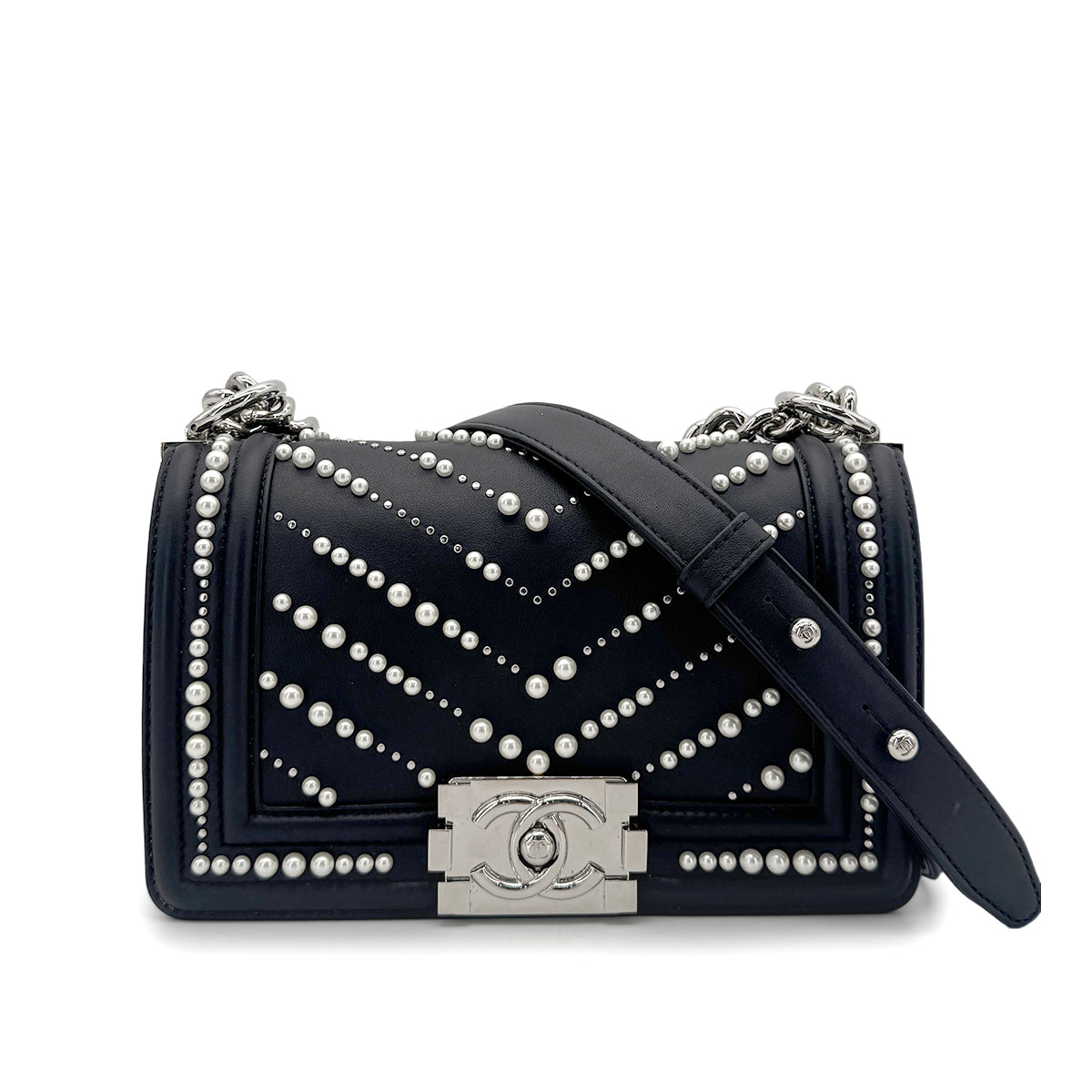 CHANEL PEARL BOYCHANEL SMALL CHAIN SHOULDER BAG BLACK LEATHER 90208965