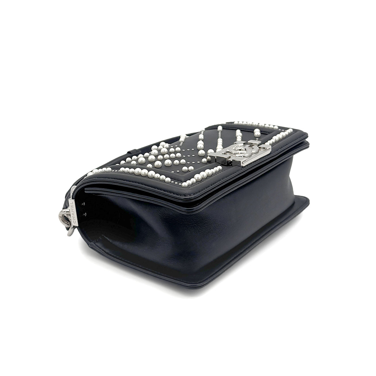 CHANEL PEARL BOYCHANEL SMALL CHAIN SHOULDER BAG BLACK LEATHER 90208965