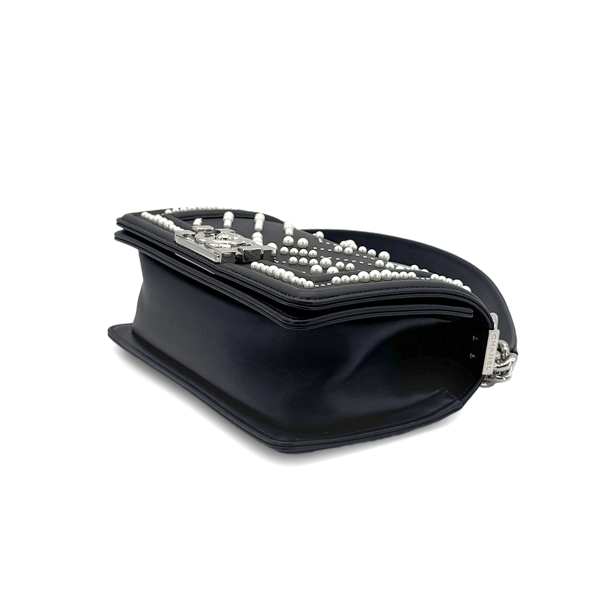 CHANEL PEARL BOYCHANEL SMALL CHAIN SHOULDER BAG BLACK LEATHER 90208965