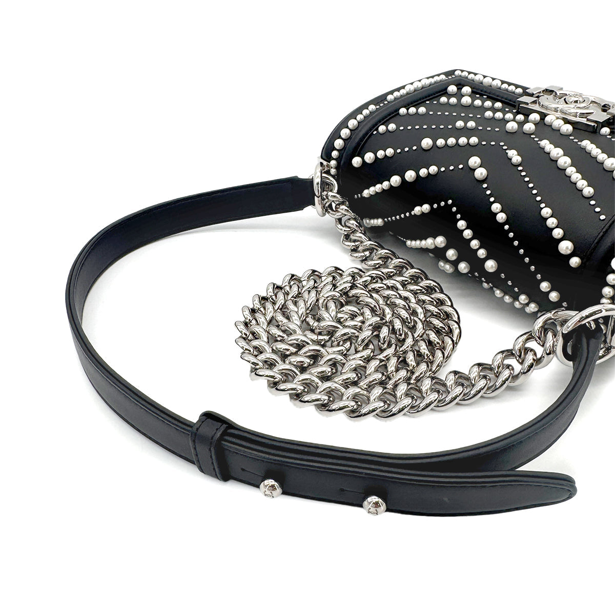 CHANEL PEARL BOYCHANEL SMALL CHAIN SHOULDER BAG BLACK LEATHER 90208965