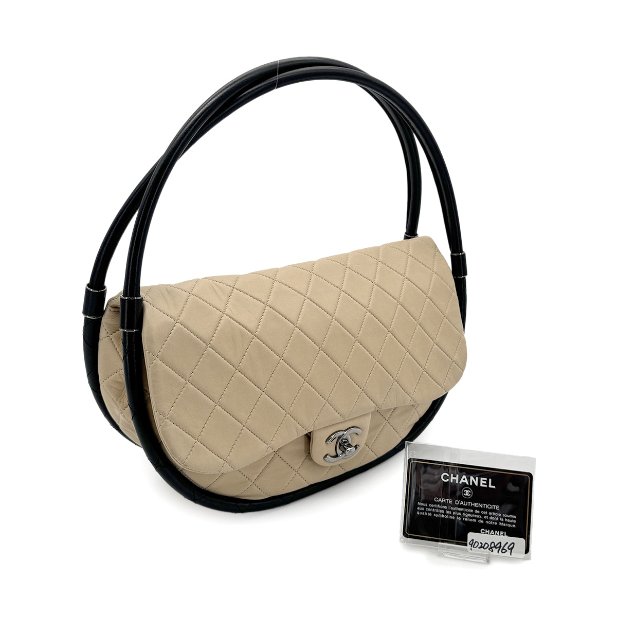 CHANEL HULA HOOP CROSS HAND BAG BEIGE BLACK LAMB SKIN 90208969 - PURPOSE