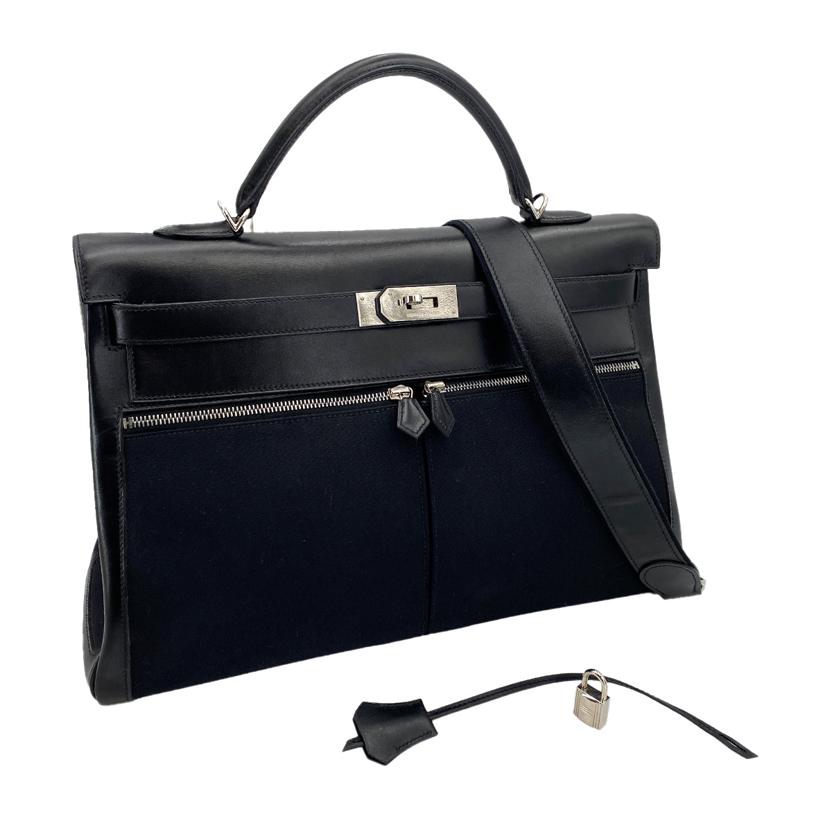 HERMES KELLY LAKIS 40 BLACK BOXCALF TOILE OFFICIER HAND SHOULDER BAG □H 90230404