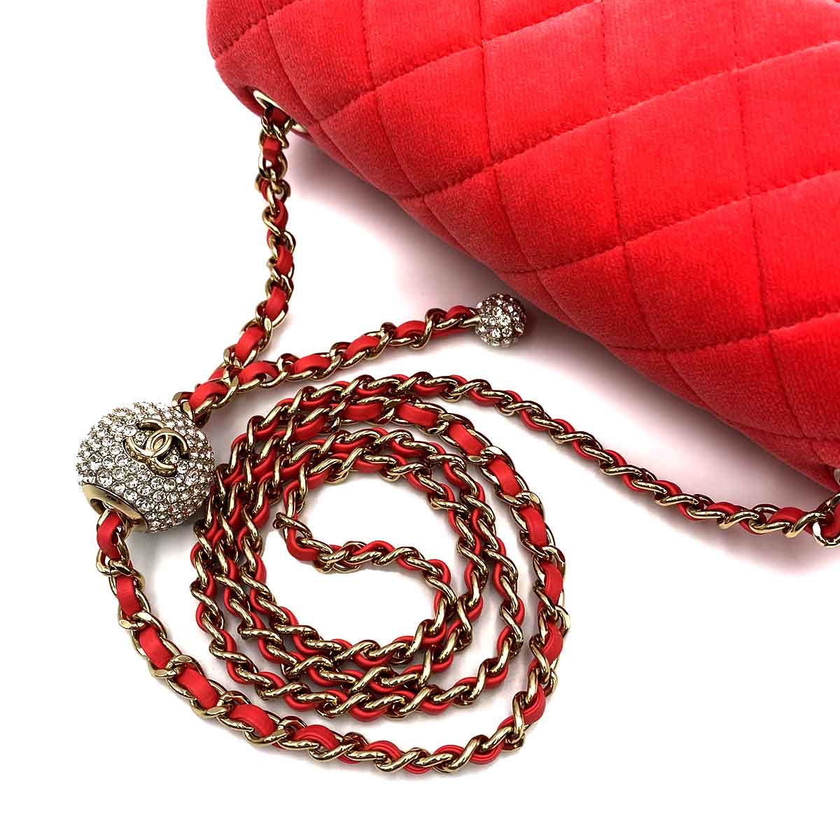 CHANEL BALL CHAIN SHOULDER VELVET STRASS CORAL PINK 90231904