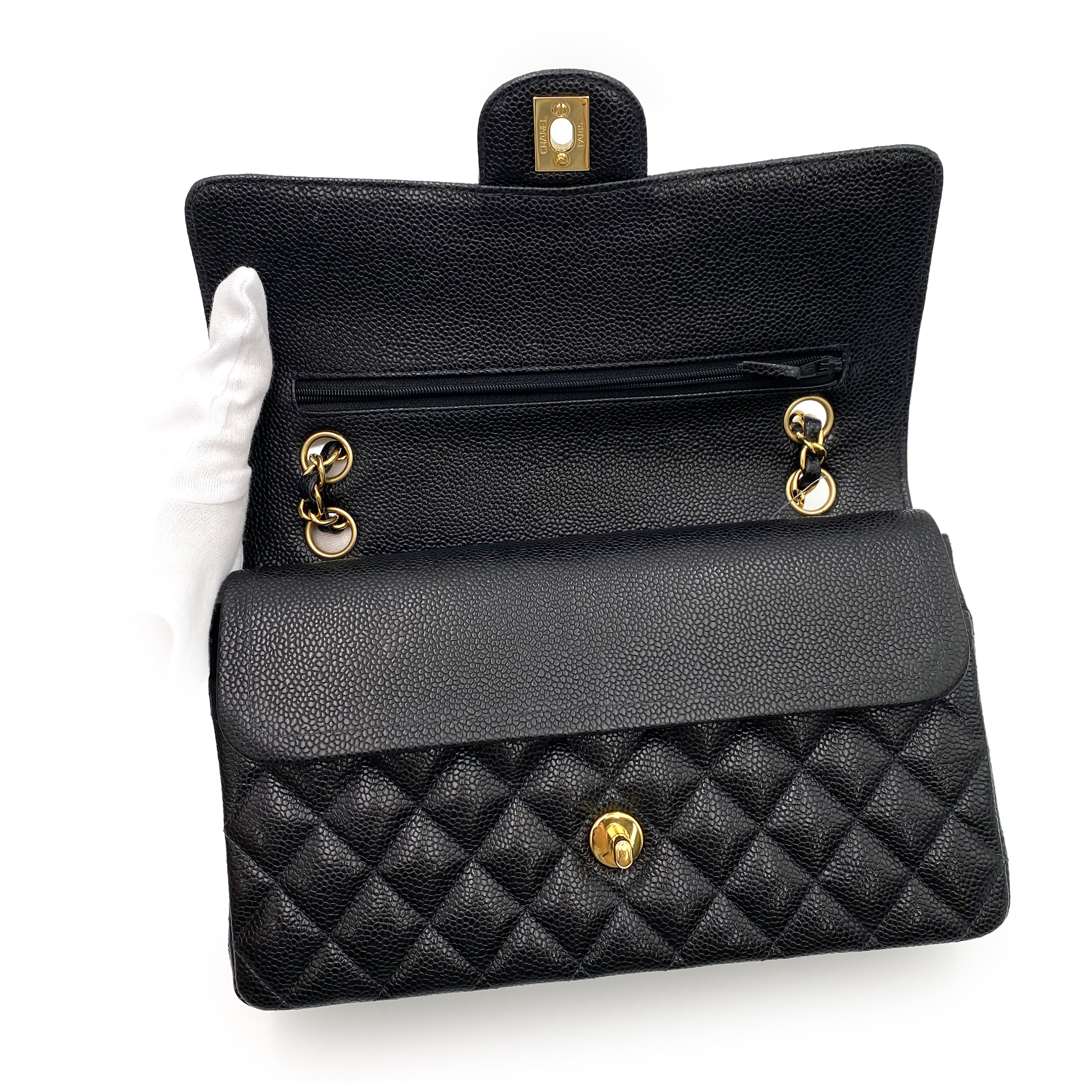 CHANEL CLASSIC FLAP MEDIUM CHAIN SHOULDER BAG BLACK CAVIAR SKIN 90237324