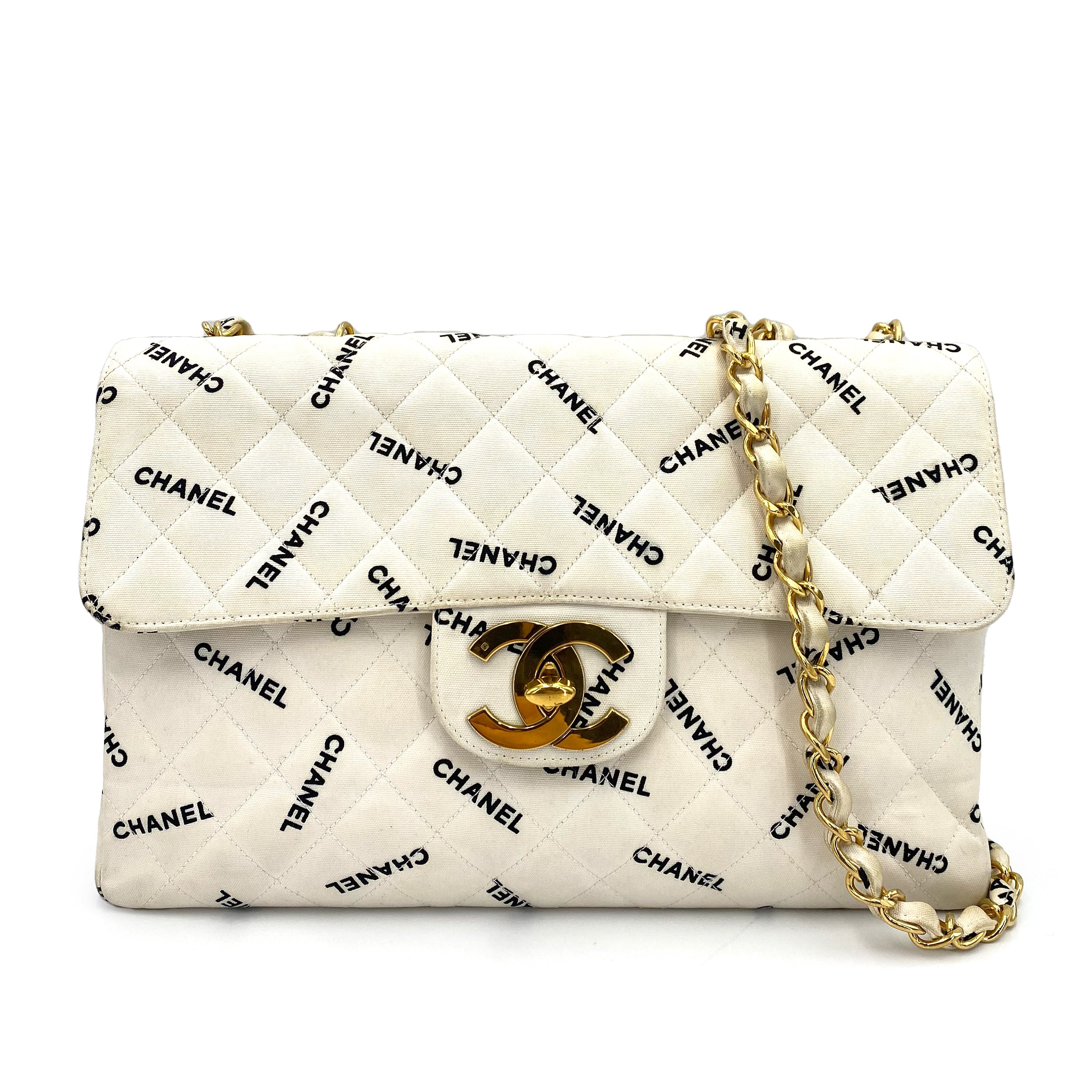 CHANEL VINTAGE MAXI MATELASSE 34 CHAIN SHOULDER BAG WHITE CANVAS