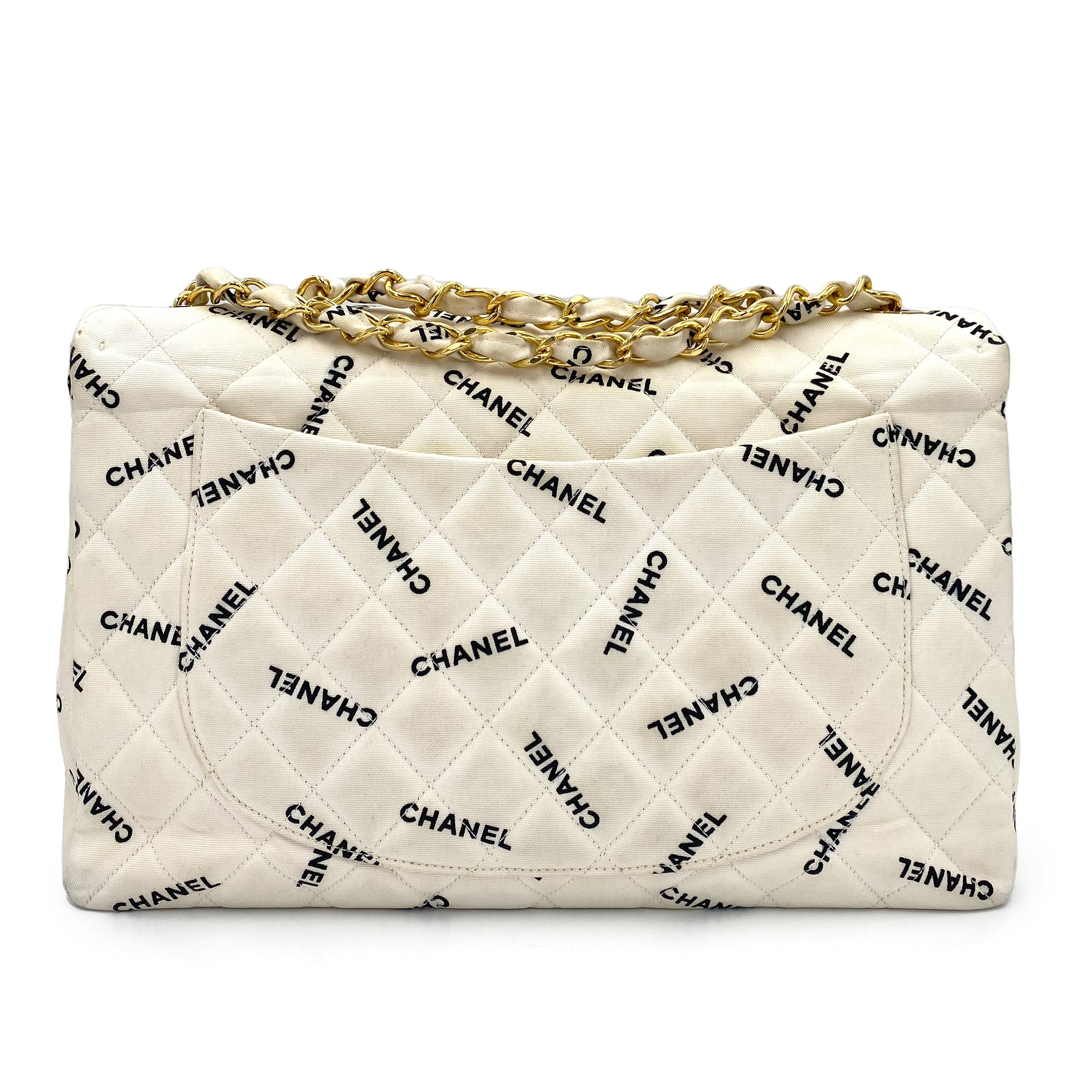 CHANEL VINTAGE MAXI MATELASSE 34 CHAIN SHOULDER BAG WHITE CANVAS