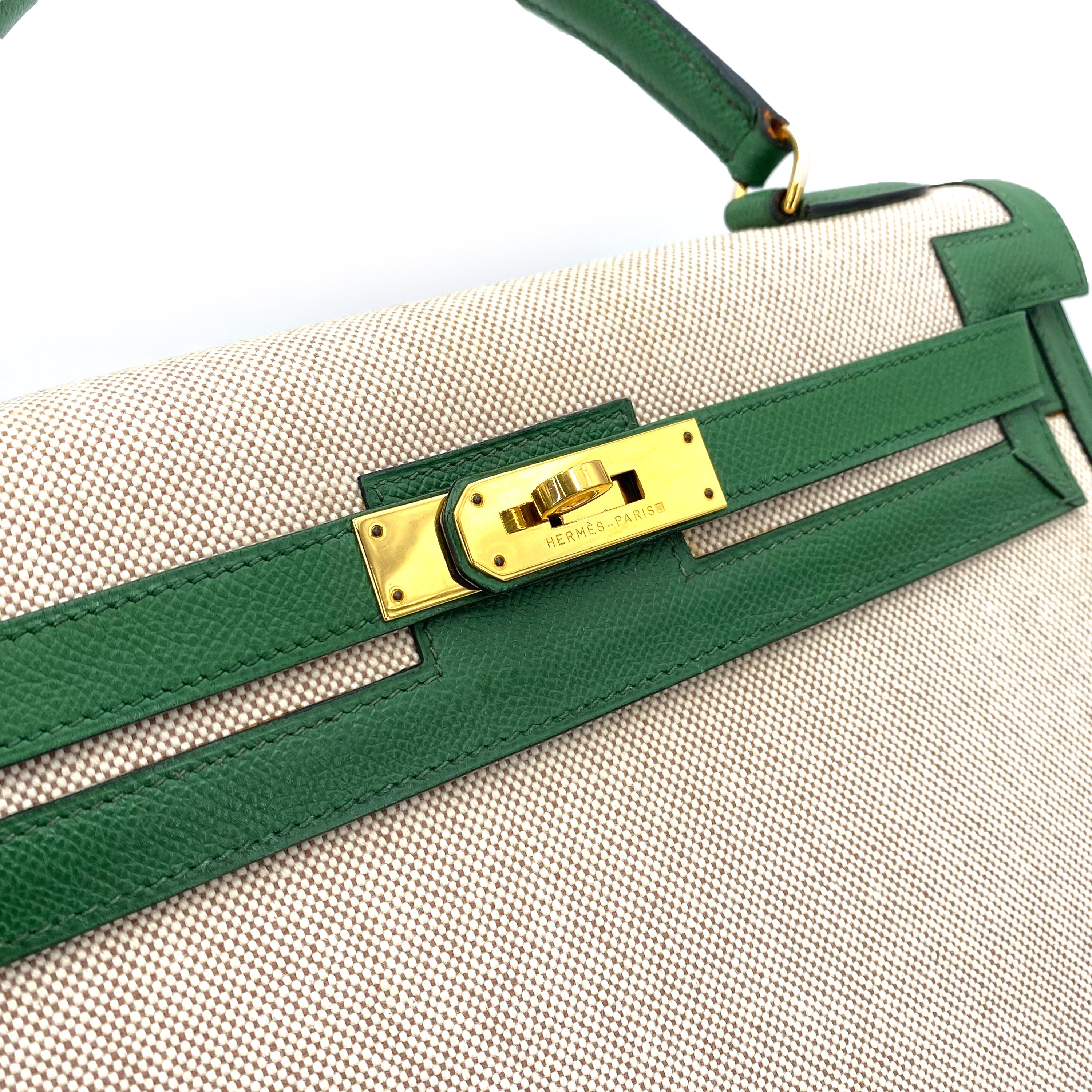 HERMES KELLY 32 SELLIER GREEN COUCHVEL TOILE H HAND SHOULDER BAG 〇X 90239777