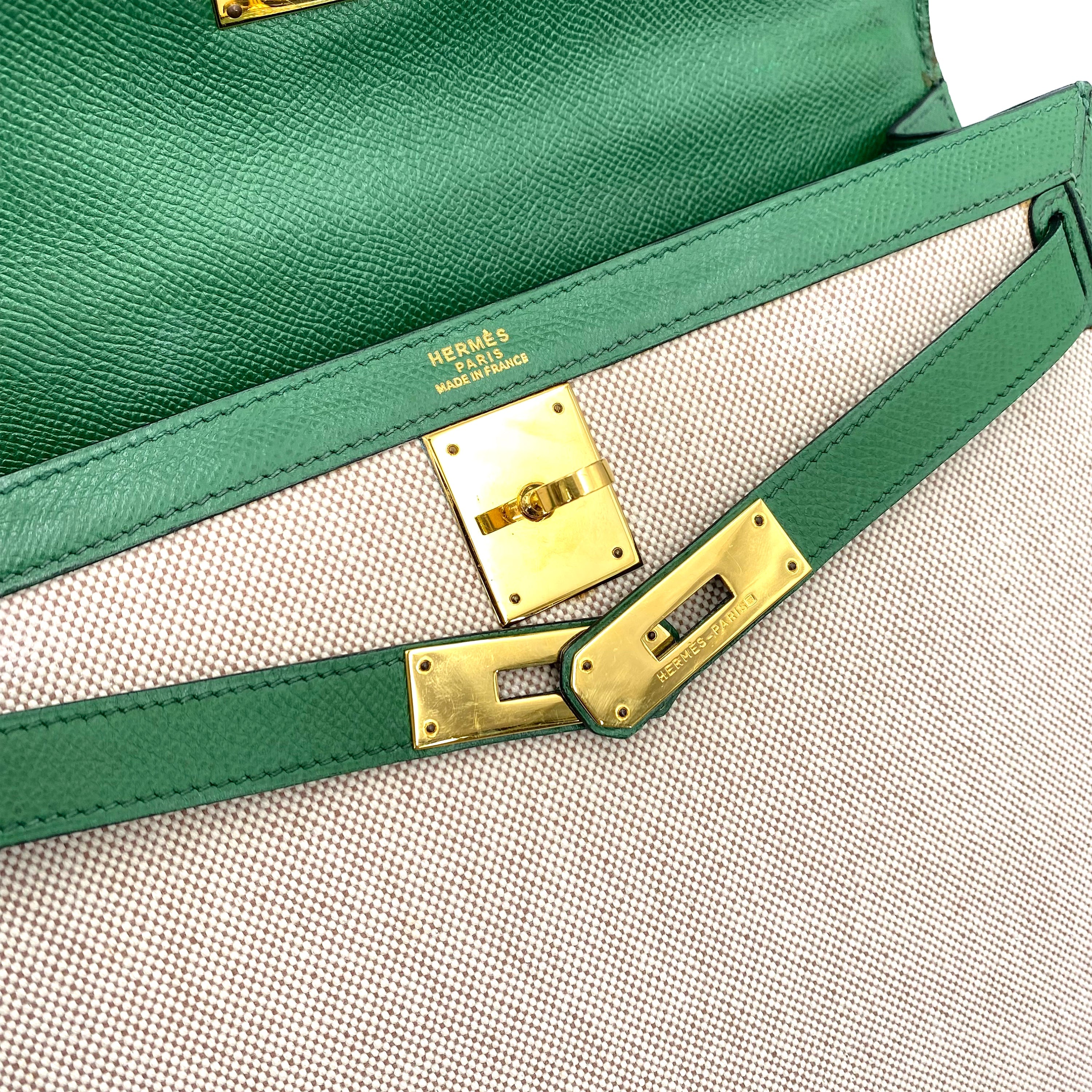 HERMES KELLY 32 SELLIER GREEN COUCHVEL TOILE H HAND SHOULDER BAG 〇X 90239777