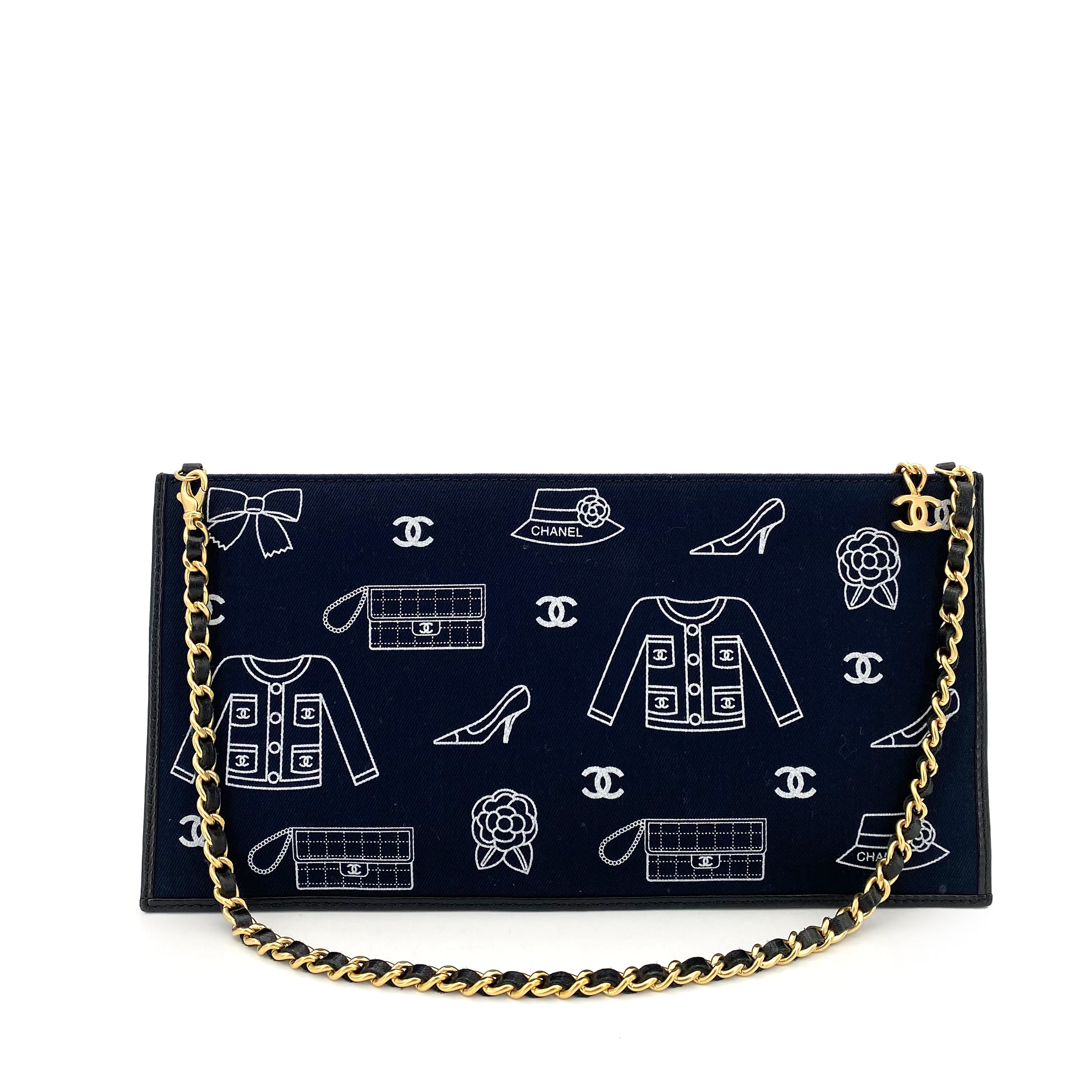 CHANEL VINTAGE ICON FLAT CHAIN SHOULDER BAG NAVY CANVAS 90242136