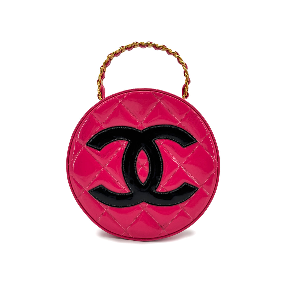 CHANEL VINTAGE MATELASSE ROUND VANITY HAND BAG PINK ENAMEL 90242659