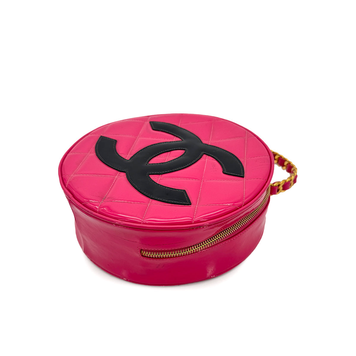 CHANEL VINTAGE MATELASSE ROUND VANITY HAND BAG PINK ENAMEL 90242659