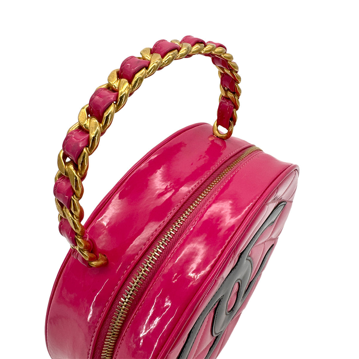 CHANEL VINTAGE MATELASSE ROUND VANITY HAND BAG PINK ENAMEL 90242659