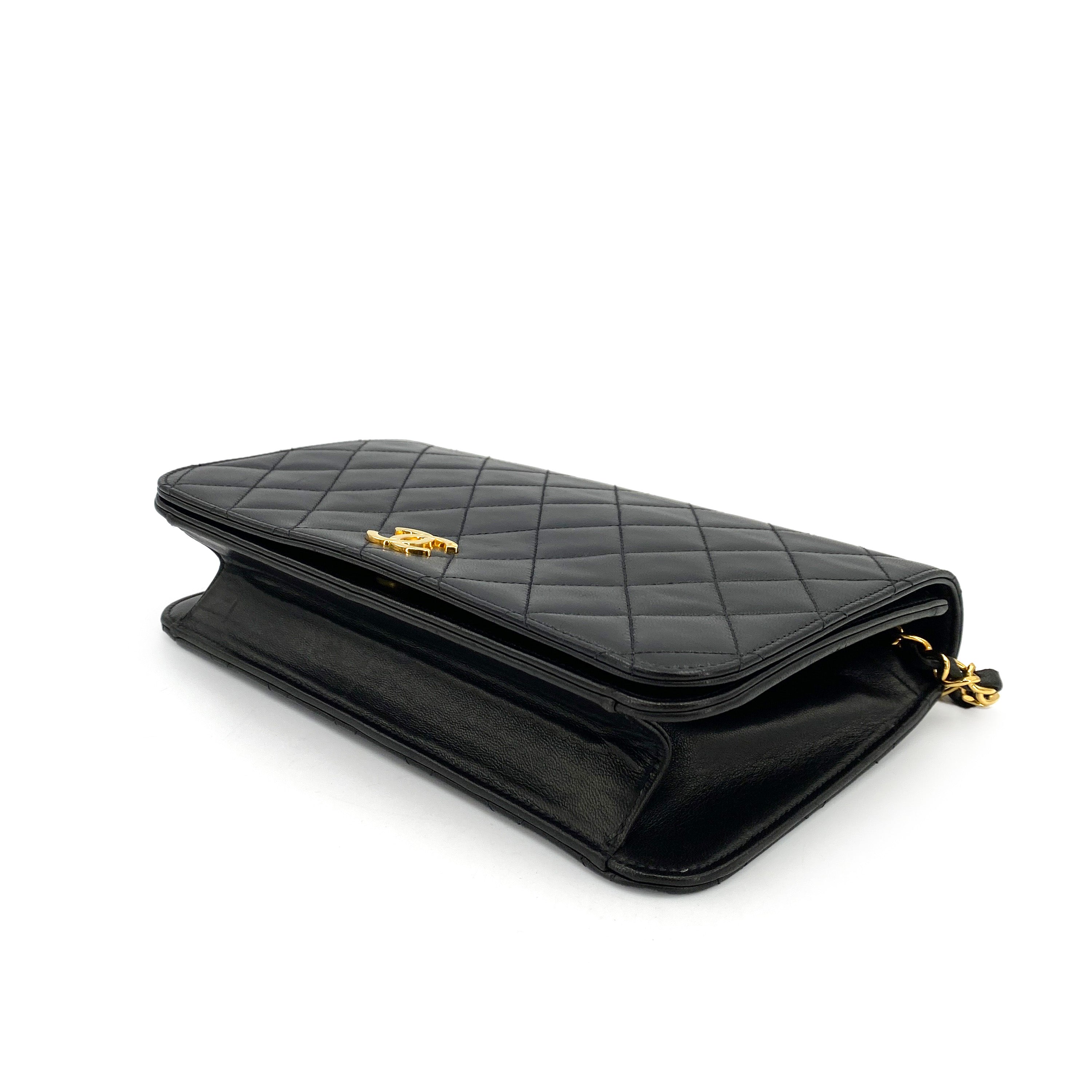 CHANEL VINTAGE FULL FLAP PUSH LOCK CHAIN SHOULDER BAG BLACK LAMB SKIN 90244692