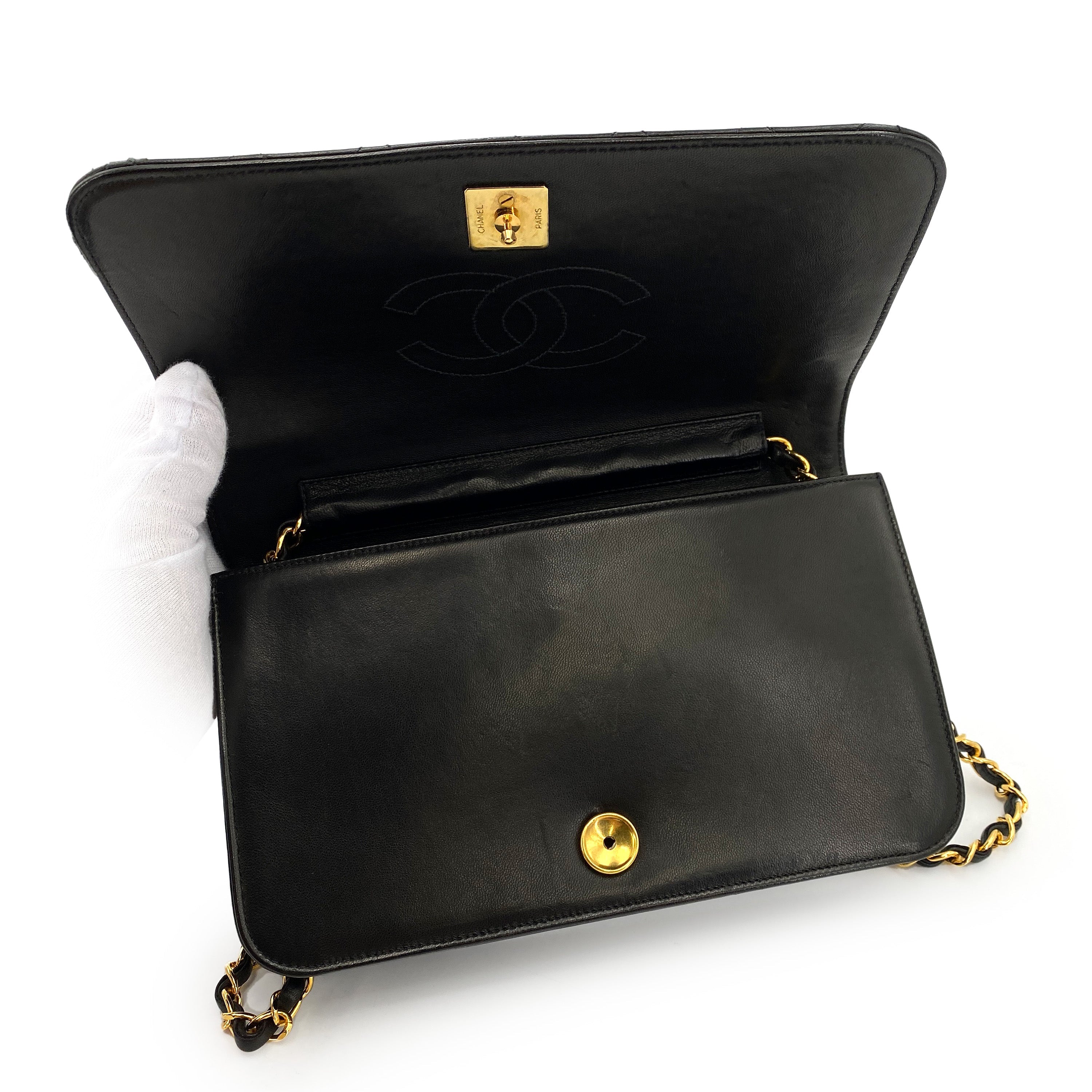 CHANEL VINTAGE FULL FLAP PUSH LOCK CHAIN SHOULDER BAG BLACK LAMB SKIN 90244692