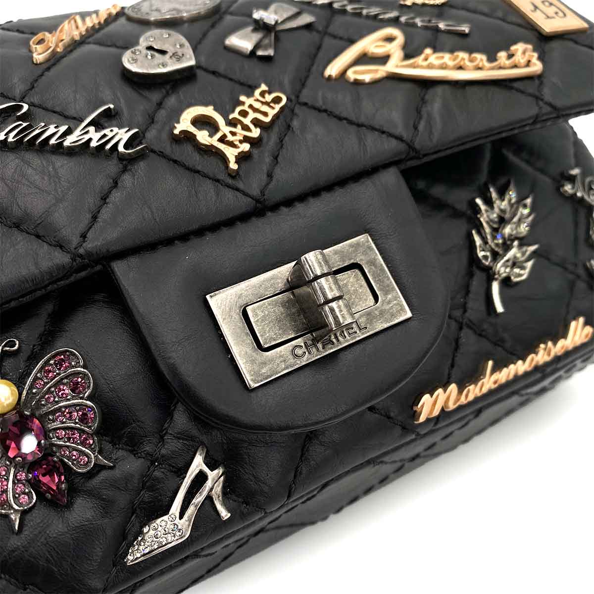 CHANEL VINTAGE 2.55 LUCKY CHARM CHAIN SHOULDER BAG BLACK CALF SKIN SHW 90245051