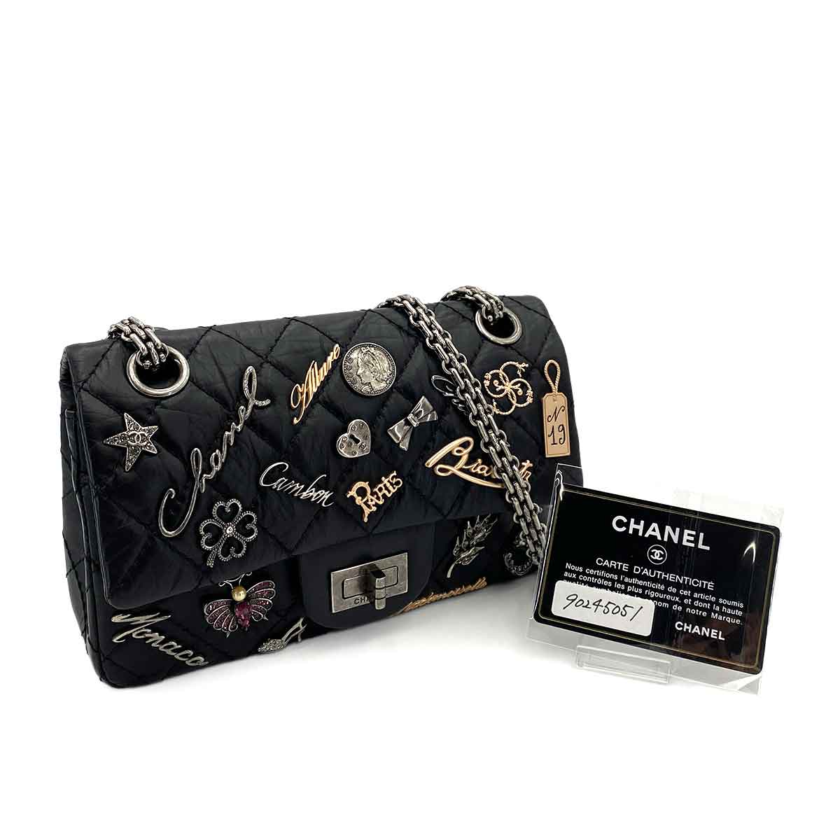 CHANEL VINTAGE 2.55 LUCKY CHARM CHAIN SHOULDER BAG BLACK CALF SKIN SHW 90245051