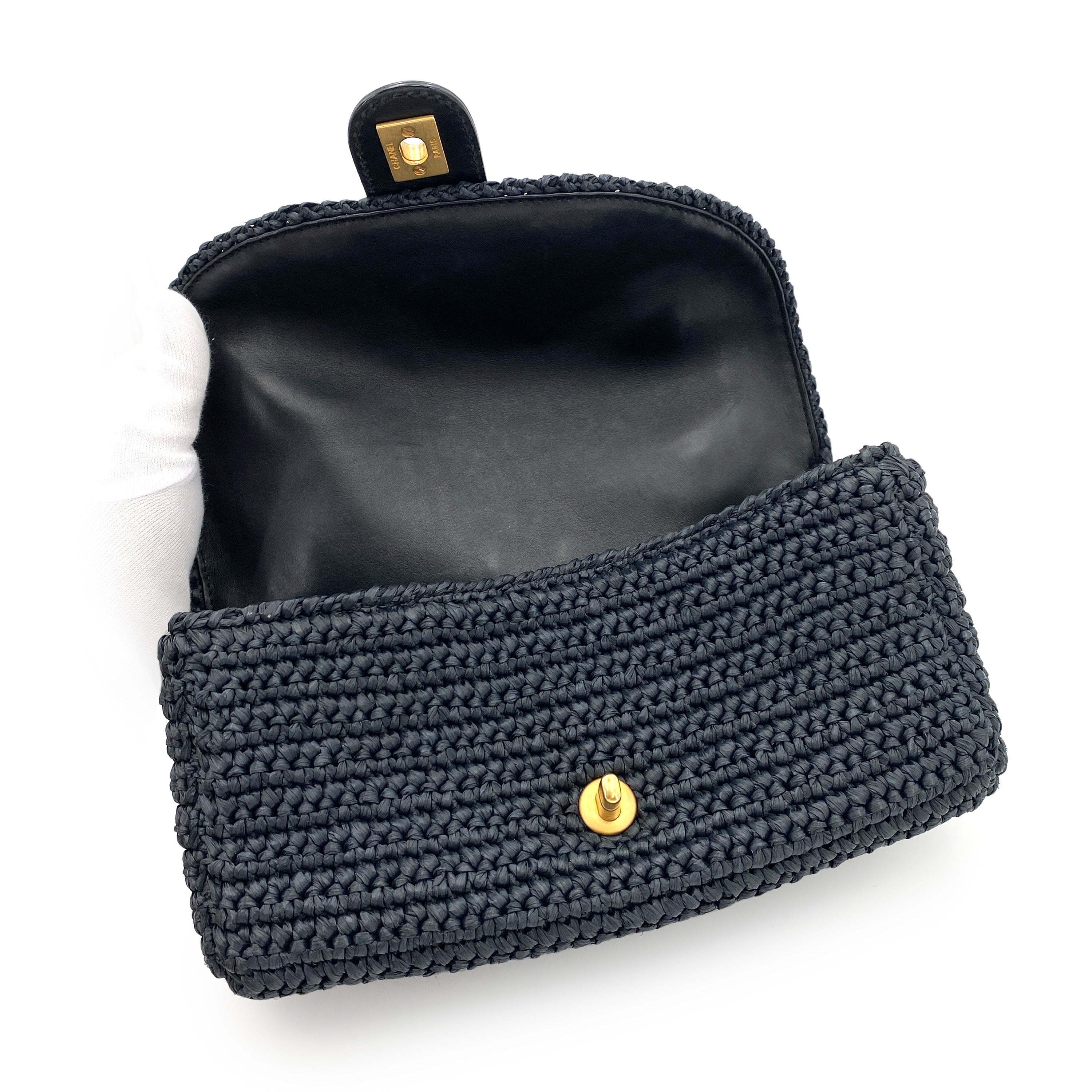 CHANEL VINTAGE CHAIN SHOULDER BAG NAVY RAFFIA 90247136