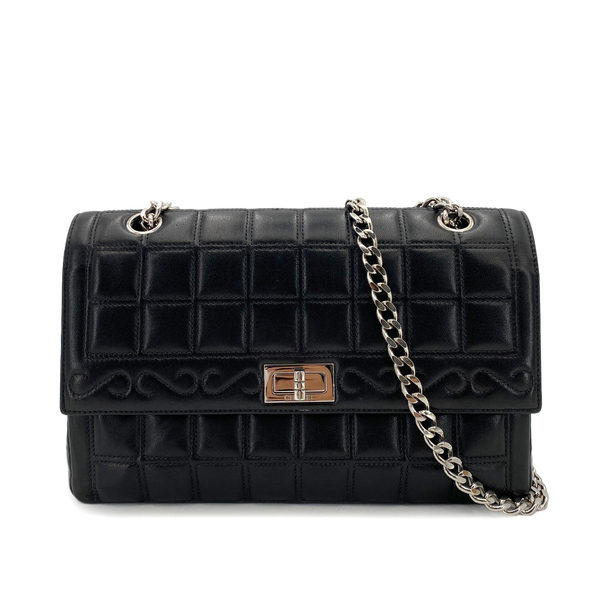 CHANEL VINTAGE 2.55 CHOCOLATE BAR CHAIN SHOULDER BAG BLACK LAMB SKIN 90248358