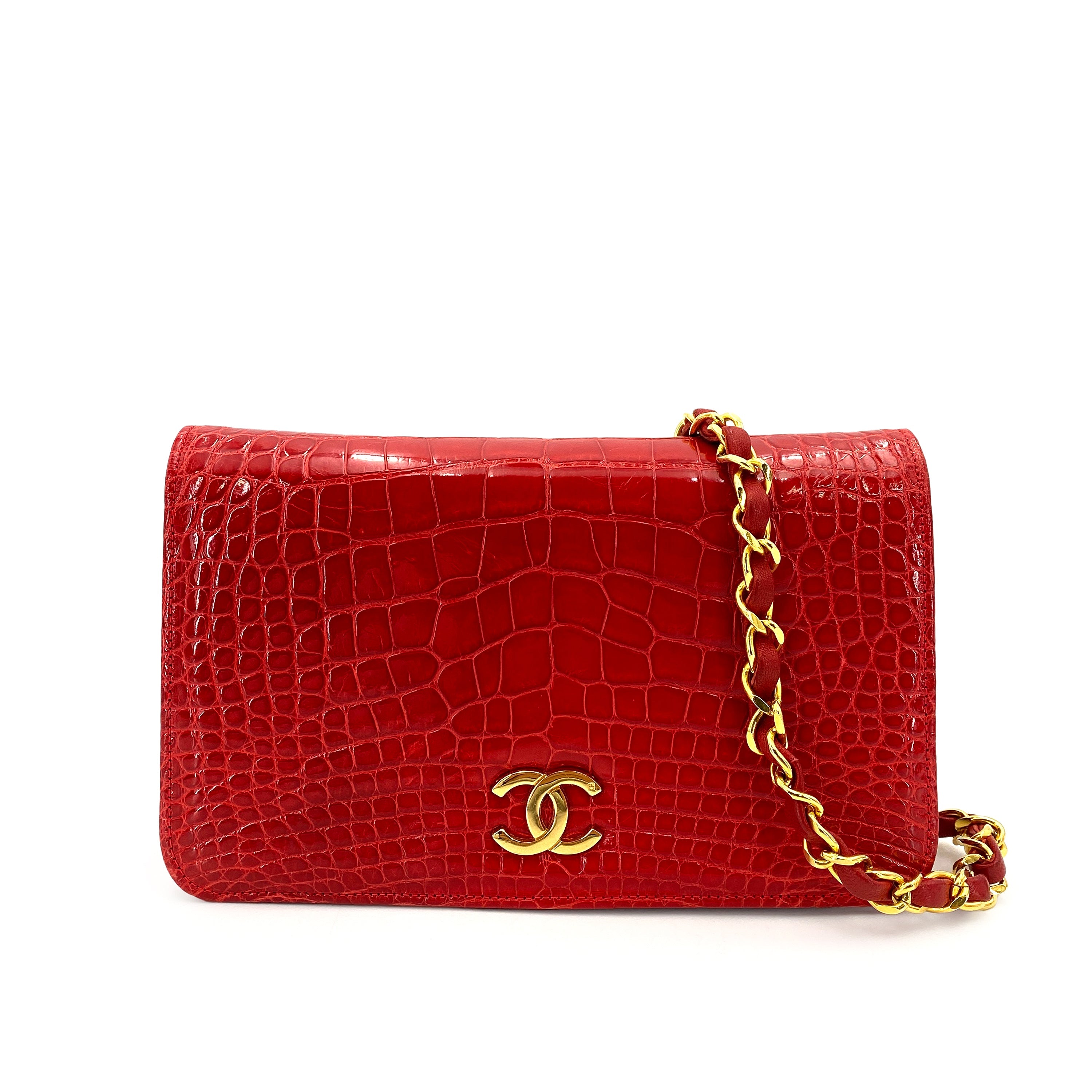 CHANEL VINTAGE FULL FLAP CHAIN SHOULDER BAG PUSH LOCK RED CROCODILE 90249034