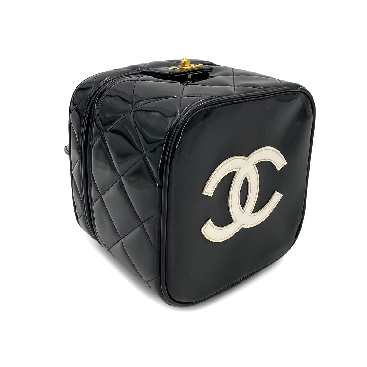 CHANEL VINTAGE VANITY HEART MIRROR HAND BAG BLACK ENAMEL 90249831