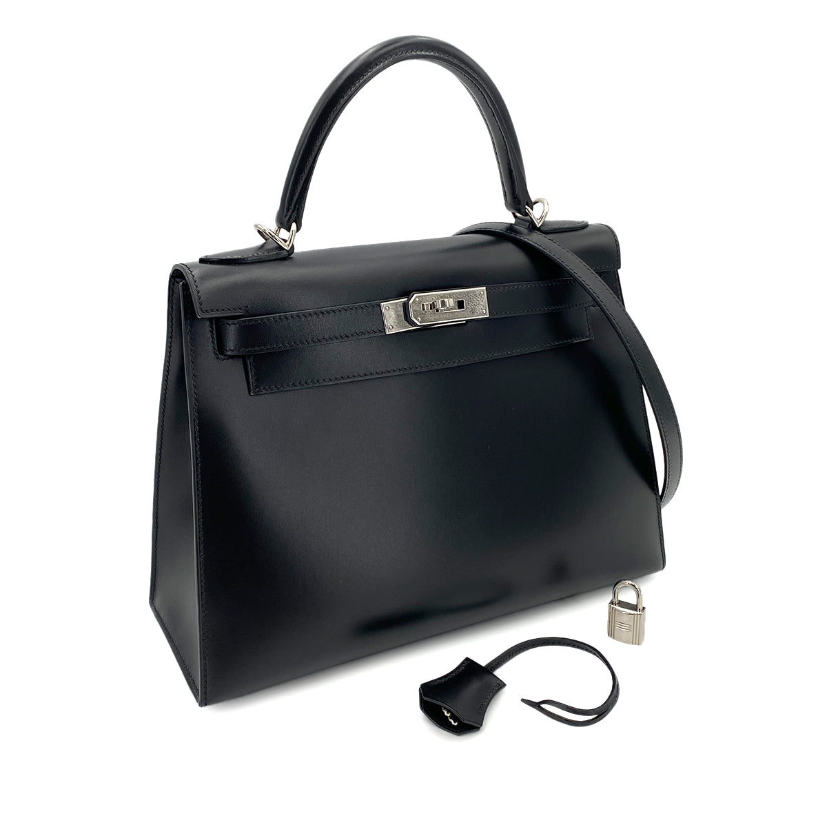 HERMES KELLY 28 SELLIER BLACK BOXCALF HAND SHOULDER BAG □D SHW 90250278