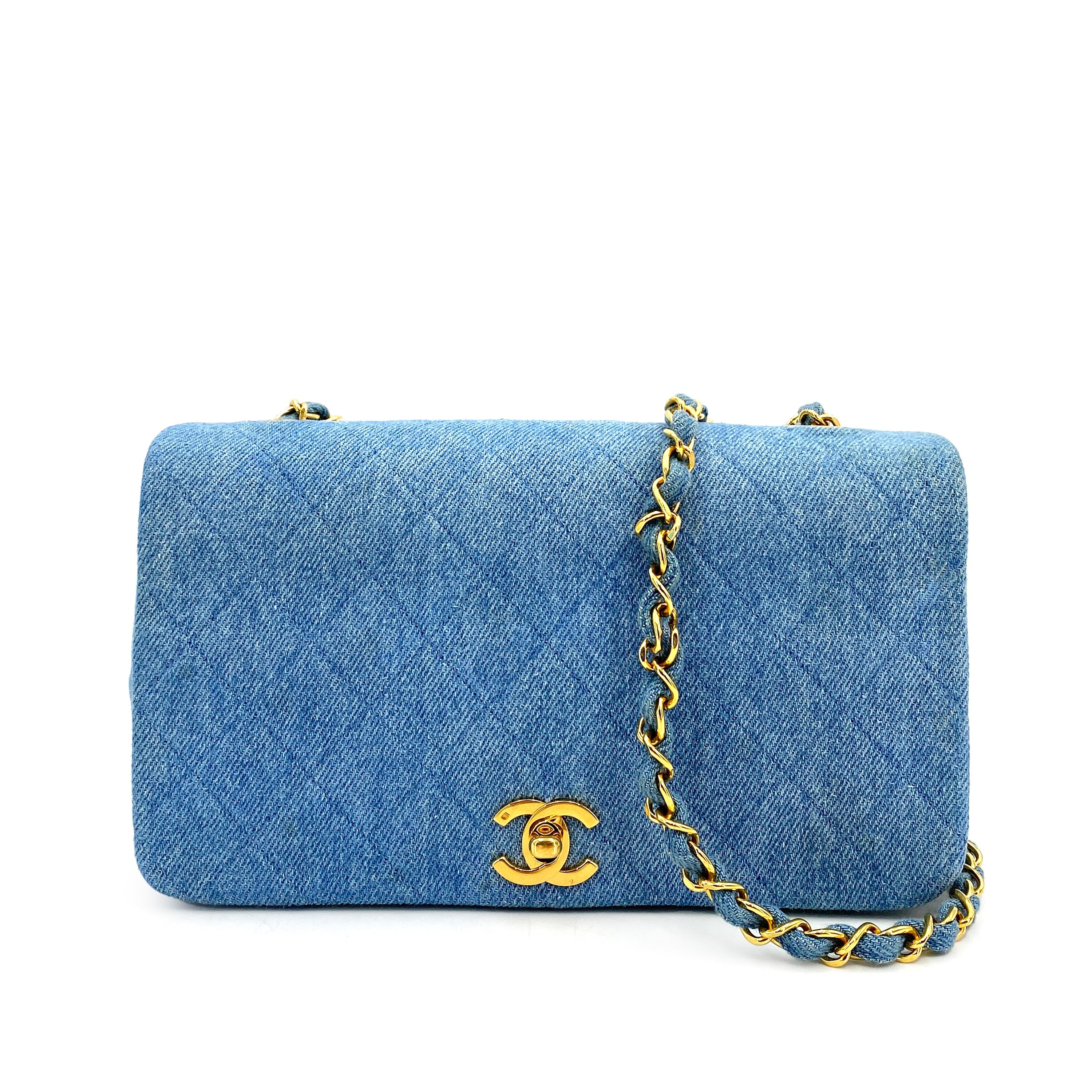 CHANEL VINTAGE FULL FLAP CHAIN SHOULDER BAG BLUE DENIM 90250524