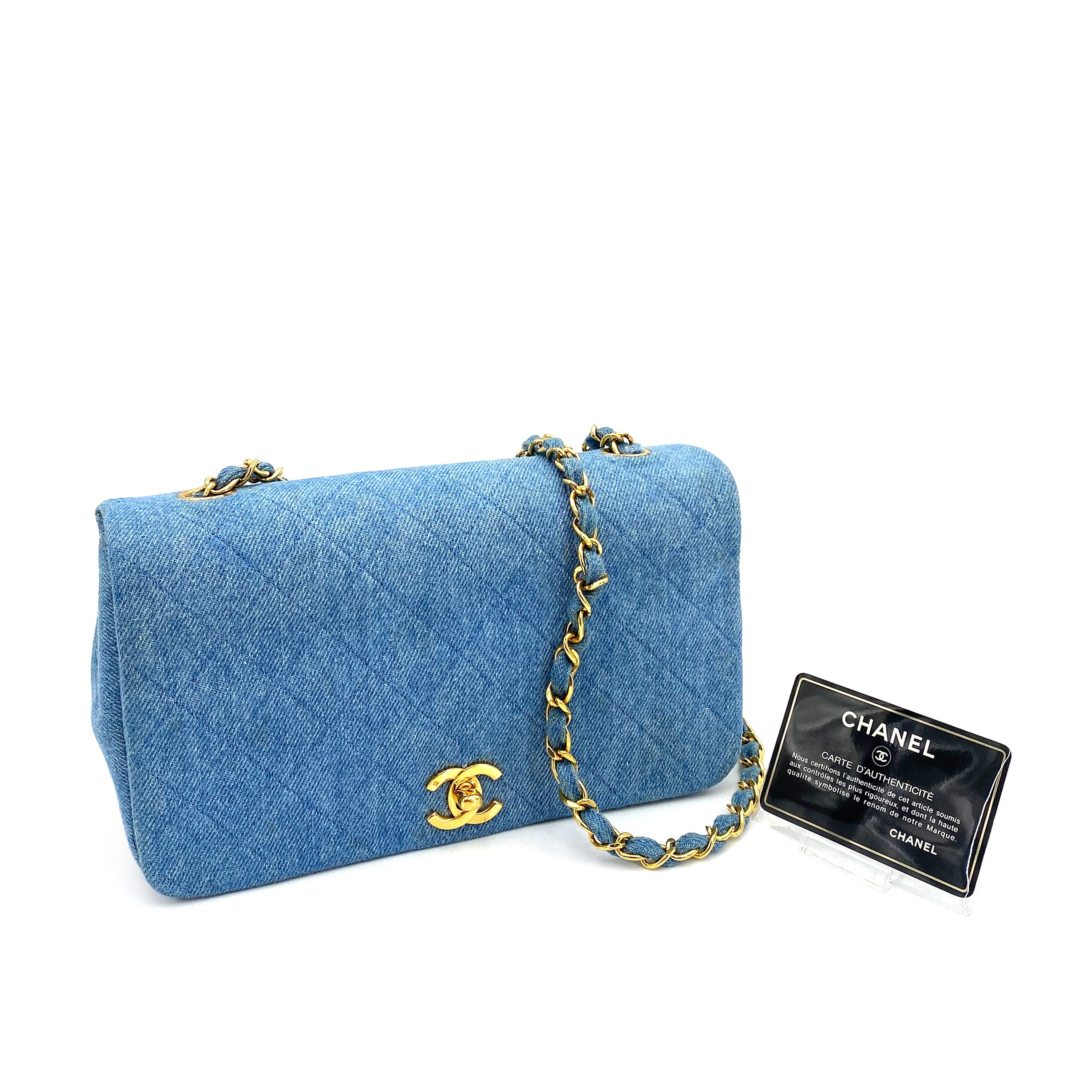 CHANEL VINTAGE FULL FLAP CHAIN SHOULDER BAG BLUE DENIM 90250524