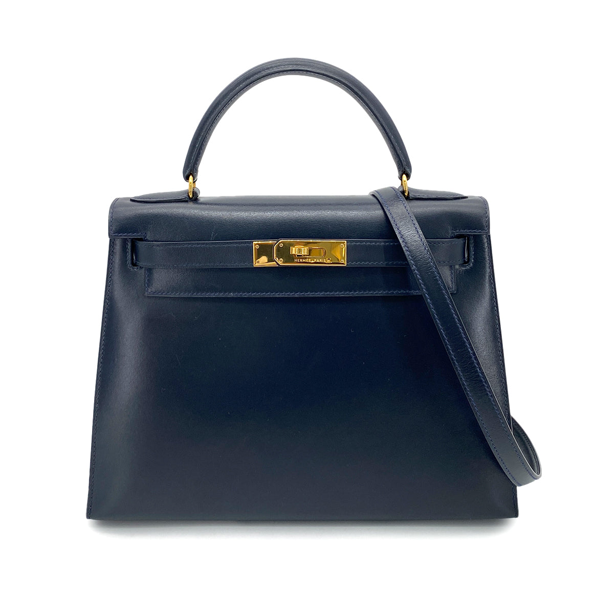 HERMES KELLY 28 SELLIER BLUE INDIGO BOXCALF HAND SHOULDER BAG R GHW 90251947