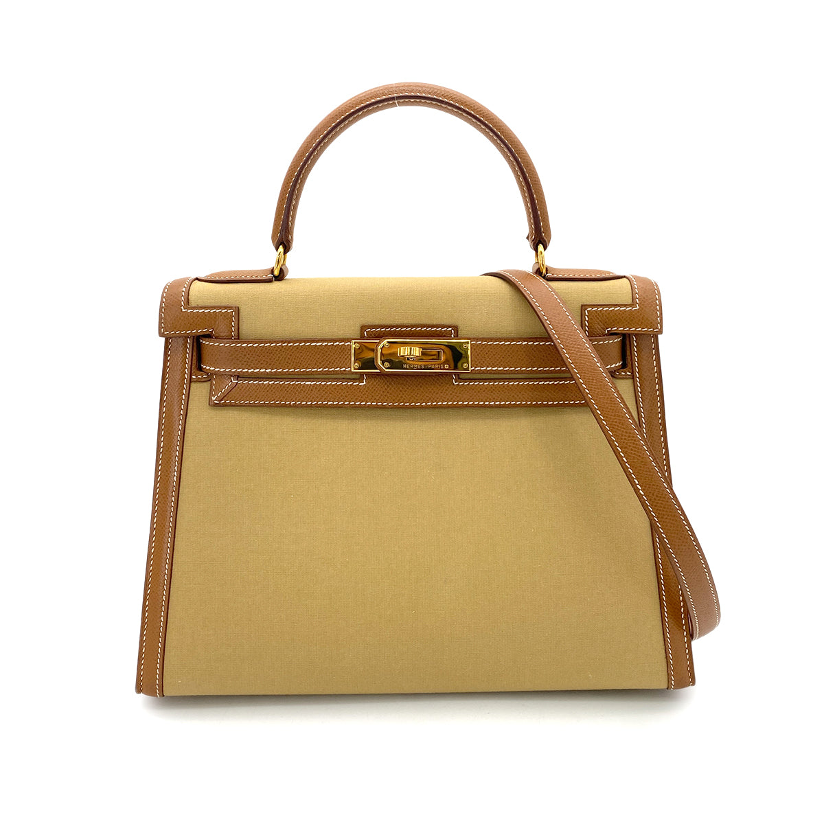 HERMES KELLY 28 GOLD COUCHVEL TOILE HAND SHOULDER BAG 〇Y GHW 90252001