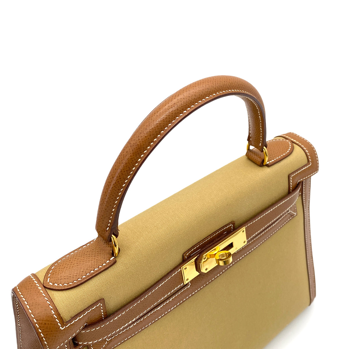HERMES KELLY 28 GOLD COUCHVEL TOILE HAND SHOULDER BAG 〇Y GHW 90252001